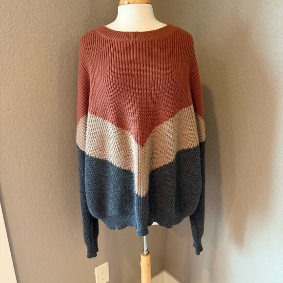 Elegant Colorblock Crew Neck Sweater - Rust, Beige, and Grey - Picture 1 of 3